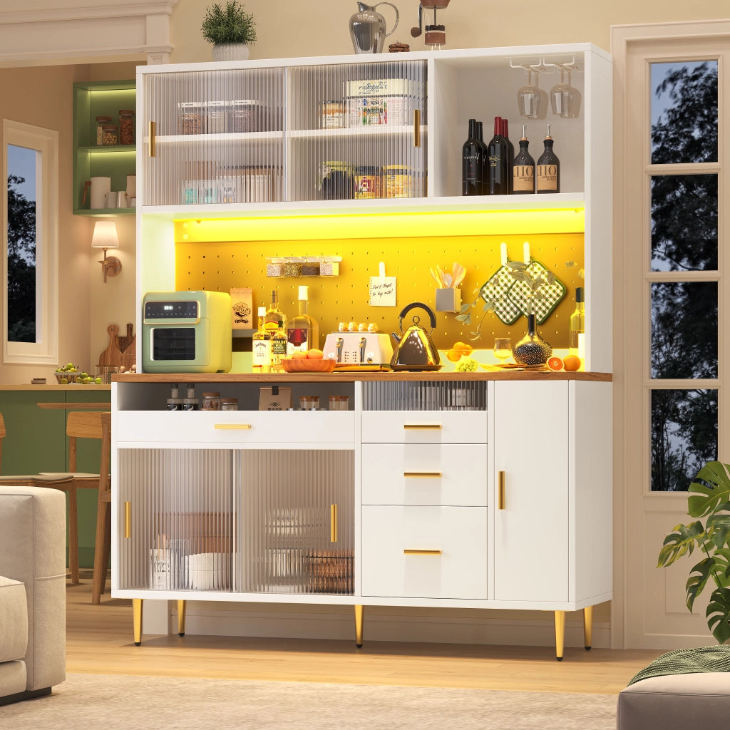 Credenza alta da cucina con 1 porta scorrevole in vetro; ripiani regolabili; pannello forato e LED; in MDF; 145 x 39 x 171 cm; Bianco