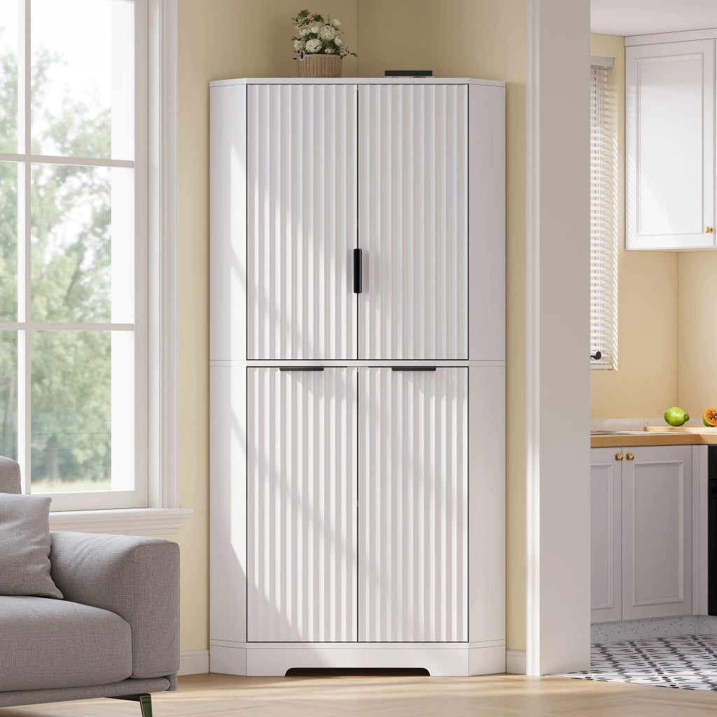 Armadio angolare con ripiani regolabili e ante scanalate; 60 x 60 x 172 cm; MDF bianco