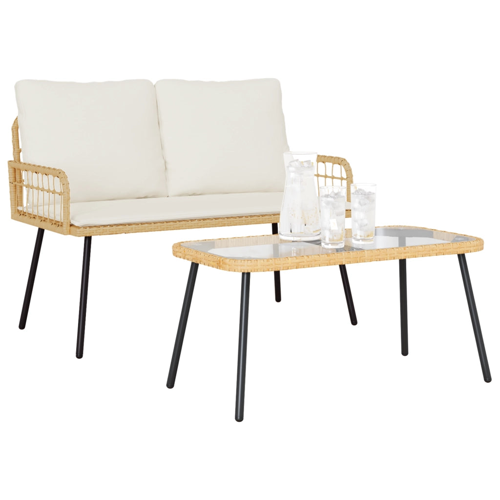 Set da Pranzo da Giardino 2 Pezzi con Cuscini in Polyrattan Naturale