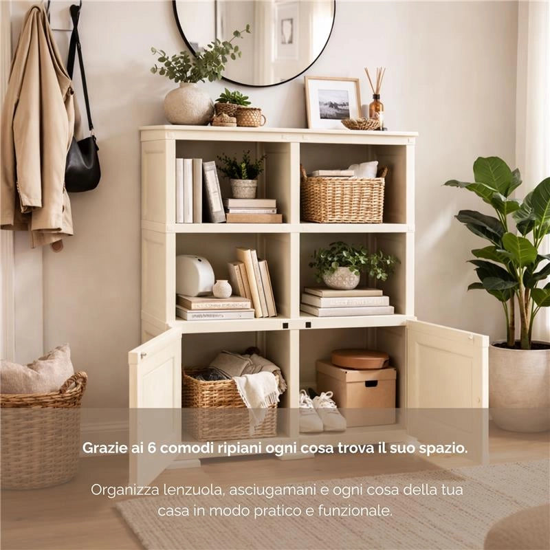 ARMADIO IN PLASTICA 79X43X125 CM EFFETTO LEGNO CON SCAFFALI APERTI E MODULO CHIUSO ANGORA, MOBILE CONTENITORE DA INTERNO E VERANDA