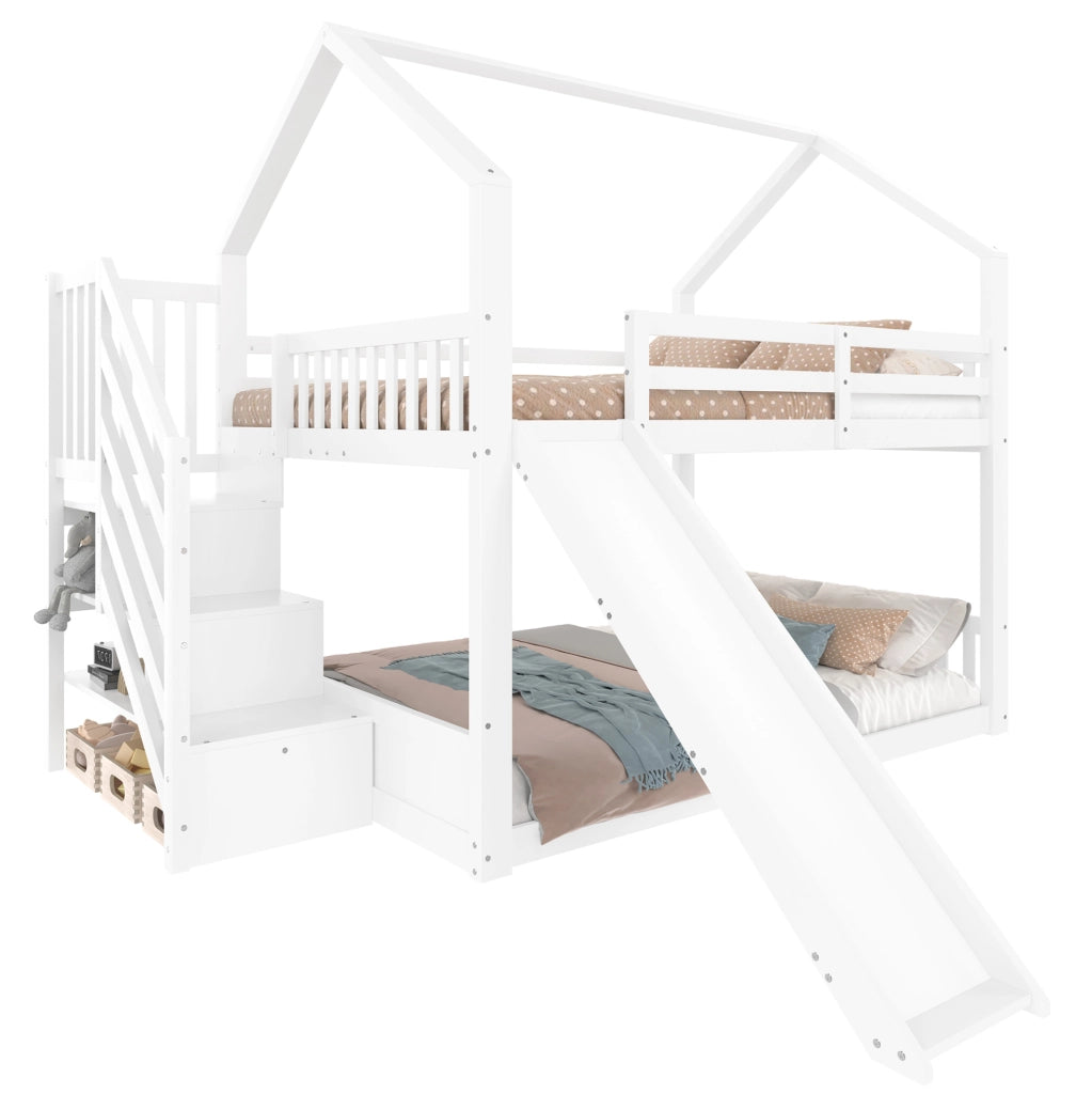 Letto a castello 140x200 cm con scala contenitore e scivolo; in legno di pino; bianco (Senza materasso)