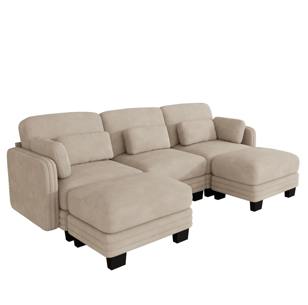Divano modulare a U 253x143x88 cm con pouf e rivestimento in ciniglia color caff¨¨ chiaro