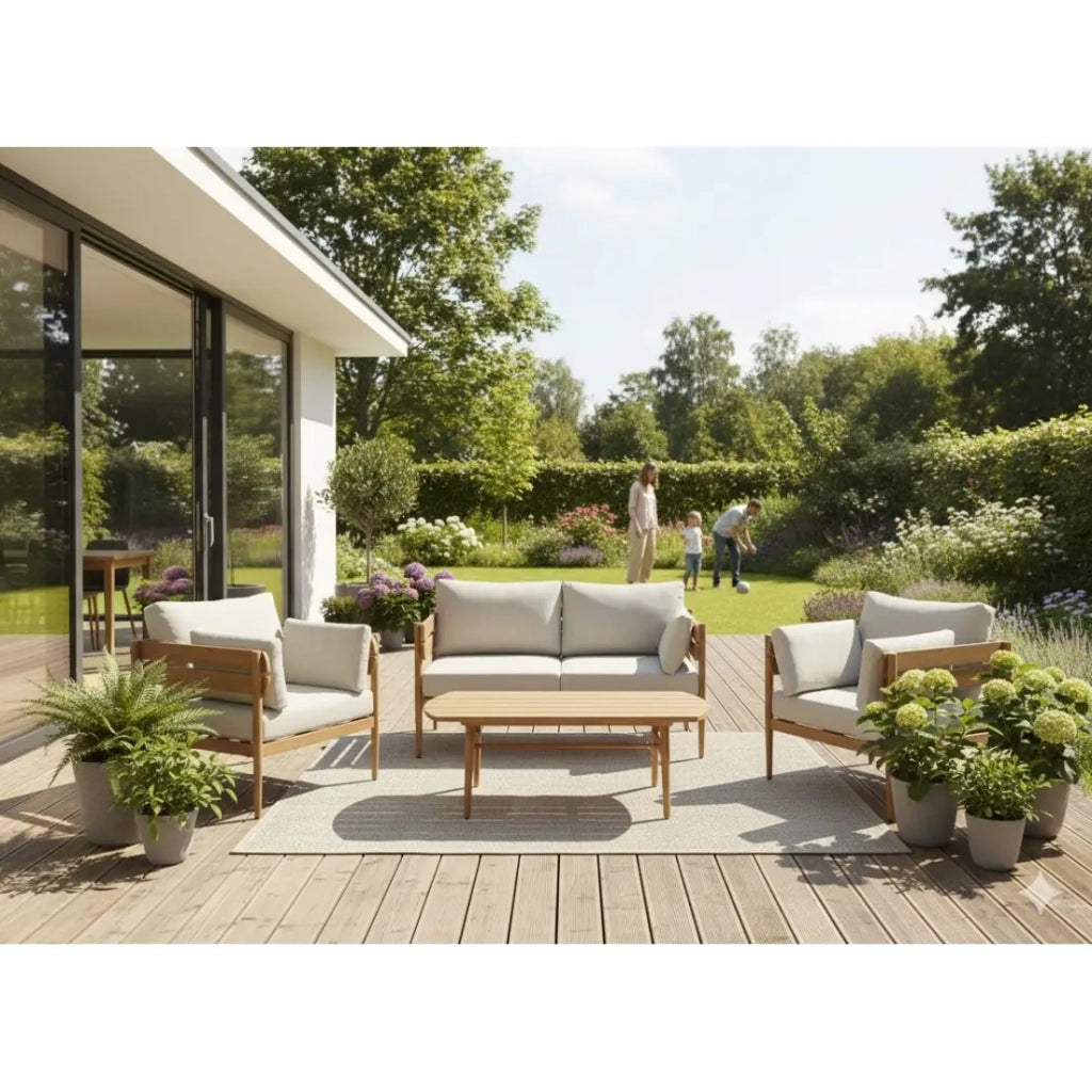 Set da giardino SELVANO 4 posti in alluminio effetto legno con cuscini beige e tavolino basso