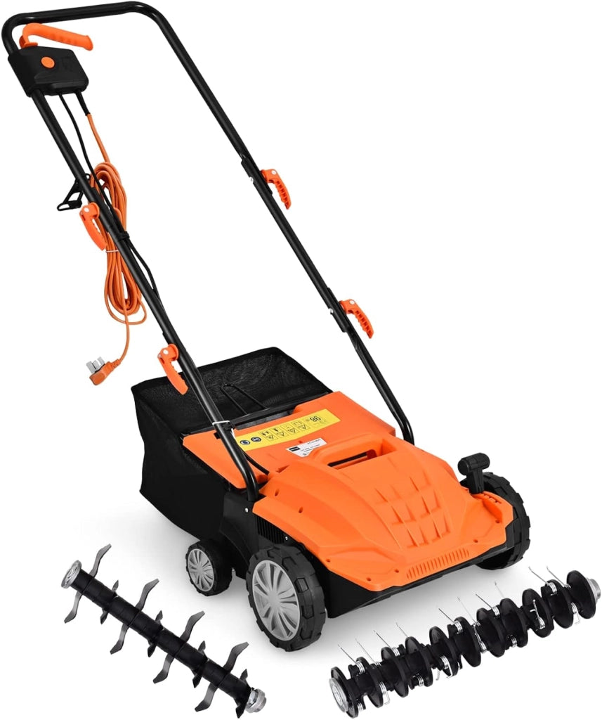 Scarificatore 2 In-1 per Prato, Arieggiatore Elettrico con Sacco Raccoglitore da 45L, Larghezza 38cm, con 3 Posizioni Regolabili, Scarificatore 1800W per Giardino Cortile (38 cm, Arancione)