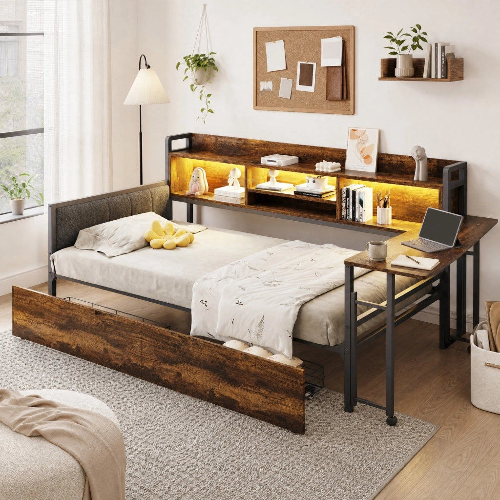 Letto multifunzione 90x200 cm in metallo con scrivania estraibile, LED, spazio contenitore e 2 cassetti, colore legno naturale