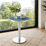 Tavolino basso rotondo con piano effetto marmo e bordo dorato, in MDF e metallo, per soggiorno, blu, 60 × 73,7 cm