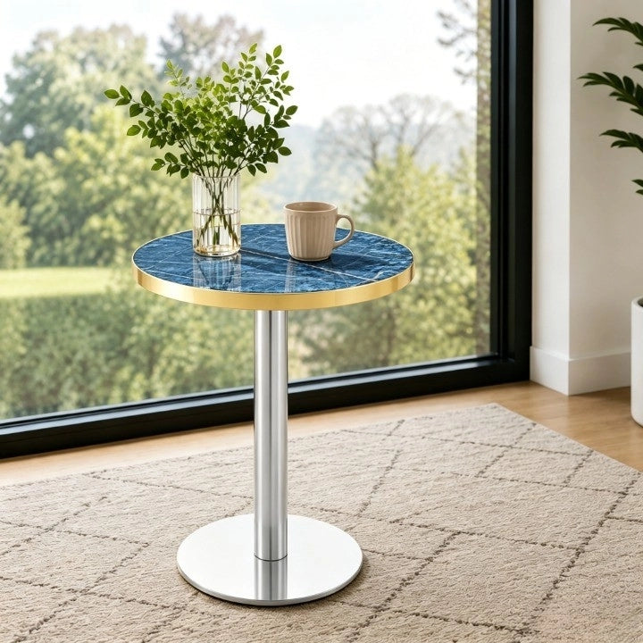Tavolino basso rotondo con piano effetto marmo e bordo dorato, in MDF e metallo, per soggiorno, blu, 60 × 73,7 cm