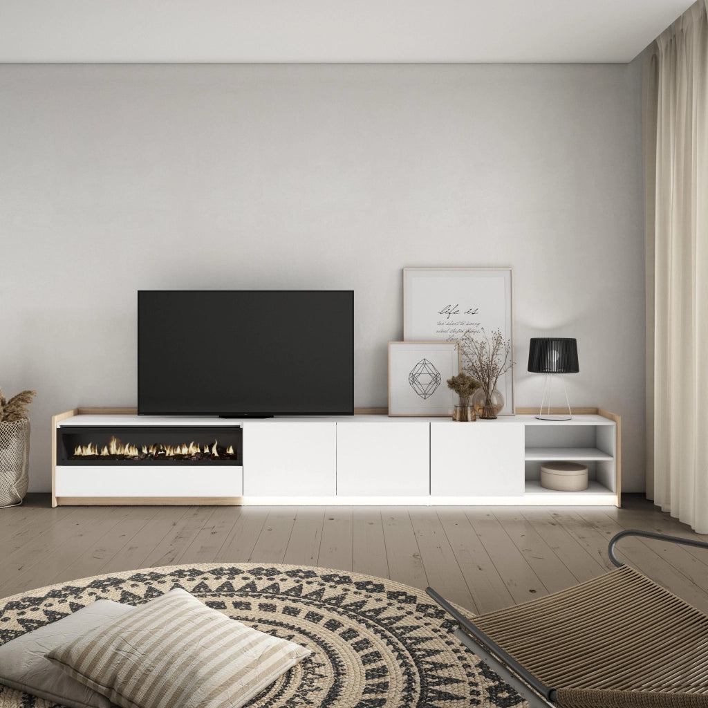 Mobile TV Soggiorno, 310x50x37 cm, Per TV fino a 80", Camino elettrico, LED, Bianco e Rovere soft
