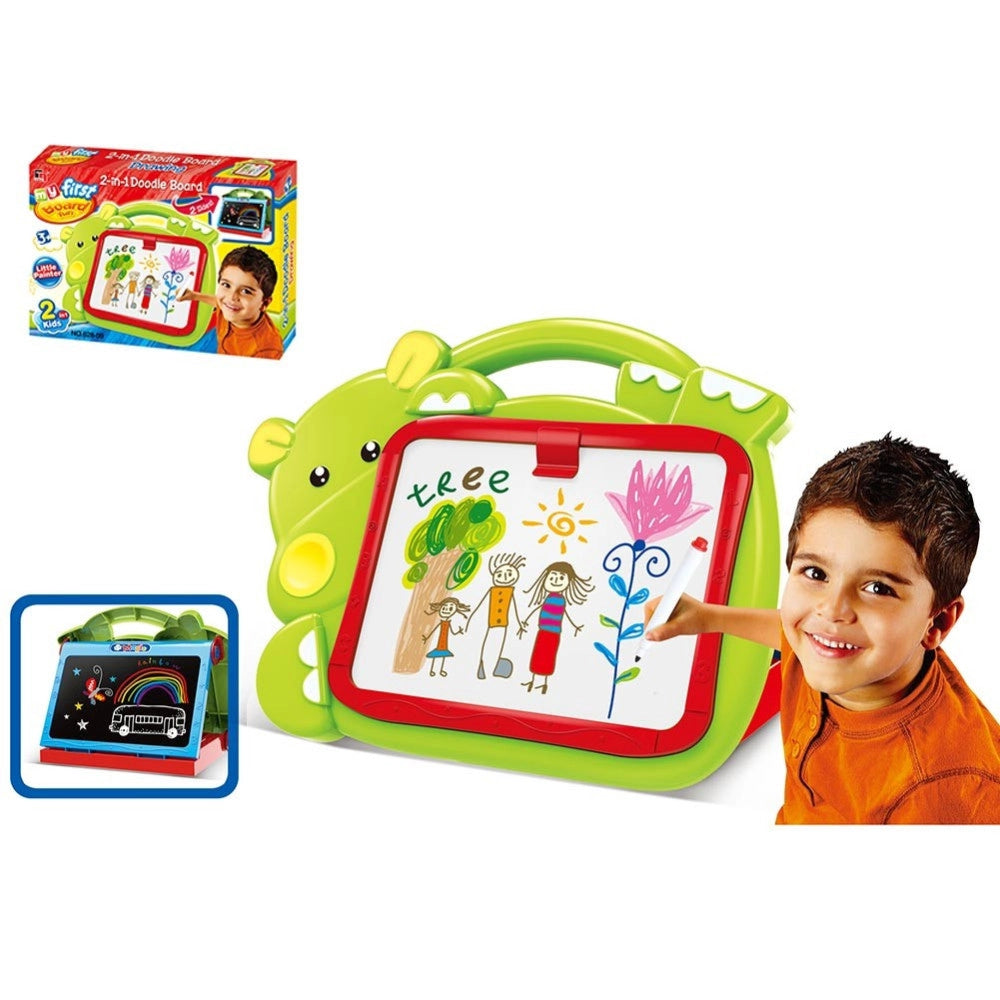 Trade Shop - Lavagna Lavagnetta Per Bambini Hippo 2in1 Con Gessetti Cassino Pennarelli Verde -