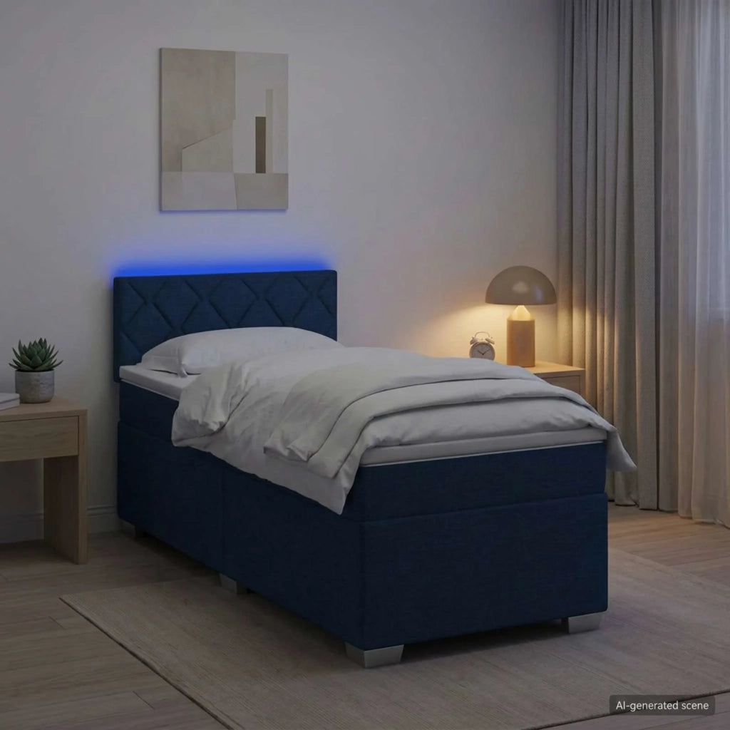 Letto con Box Spring, Materasso e LED Blu 100 x 200 cm Tessuto 3451888