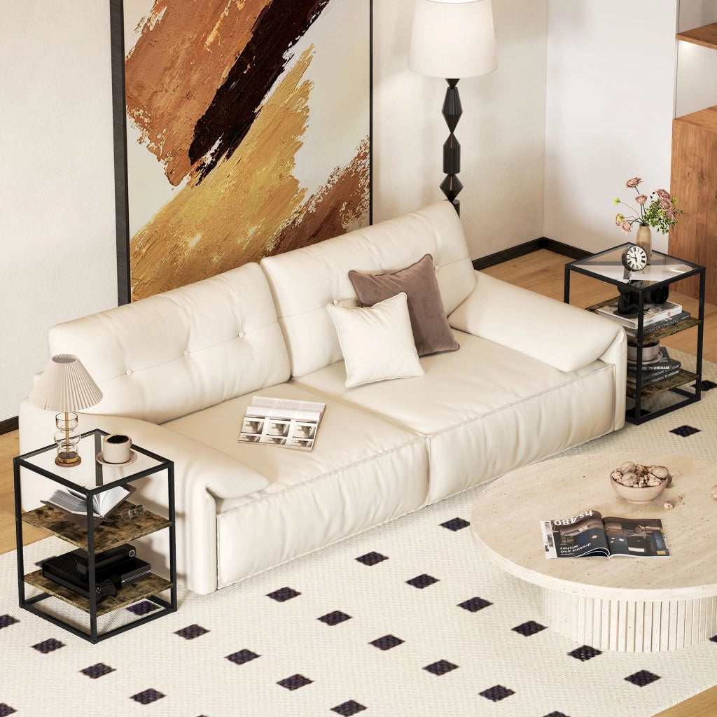 Set 2 Tavolini a 3 Livelli in Legno e Metallo con Piano in Vetro Temperato 37x40x55,5 cm Marrone