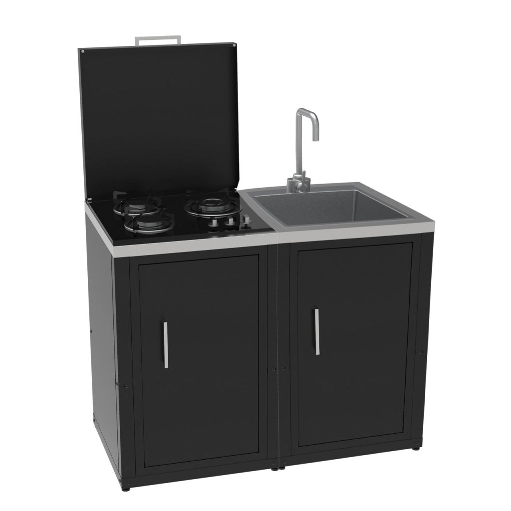Set Cucina da Esterno a Gas 2 Elementi con Lavello Rubinetto e tagliere incassato - Struttura in Acciaio e Piano in Acciaio Inox - Nero