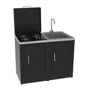 Set Cucina da Esterno a Gas 2 Elementi con Lavello Rubinetto e tagliere incassato - Struttura in Acciaio e Piano in Acciaio Inox - Nero