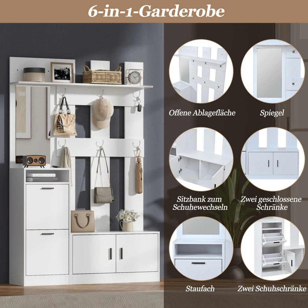 Mobili da ingresso con scarpiera ribaltabile, specchio e 6 ganci, vani aperti, in MDF, bianco, 120 × 30 × 180 cm