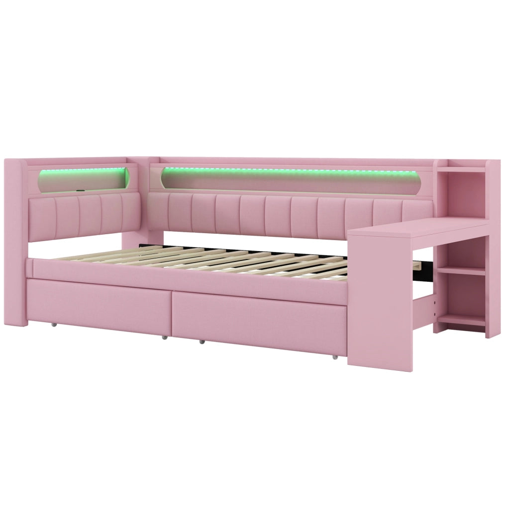 Letto giorno 90x200 con LED, USB, scrivania e 2 cassetti