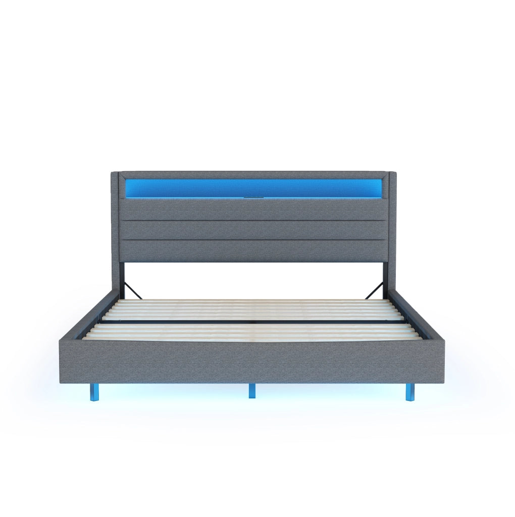 Letto matrimoniale imbottito 140x200 cm con USB; LED e testiera ribaltabile; grigio
