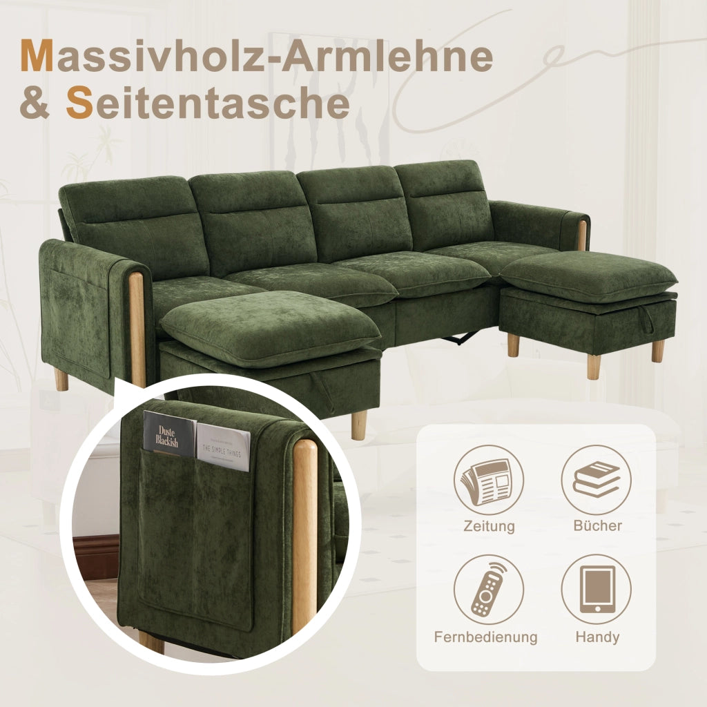 Divano panoramico a U modulare con contenitori e tasche laterali in chenille verde per famiglia 261 × 77 × 86 cm