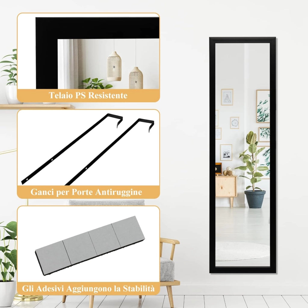 Specchio a Figura Intera Sopra la Porta, Specchio da Parete Lungo con Ganci per la Porta, Ideale per Camera da Letto Soggiorno Ingresso, 33x119 cm (Nero)