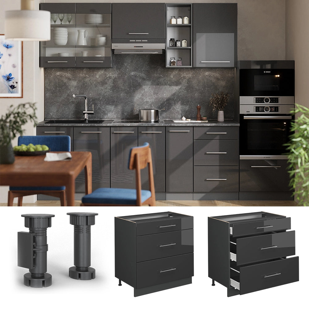 Vicco Mobiletto base per cucina Antracite lucido 80 cm con 3 cassetti, PL Rovere