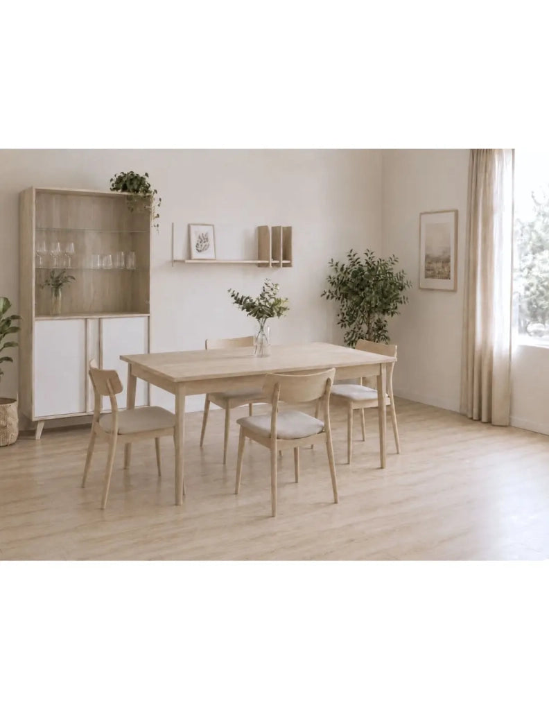 Sala da pranzo completa MALMO con tavolo 160 cm e vetrina LED – Rovere chiaro e bianco – Stile scandinavo