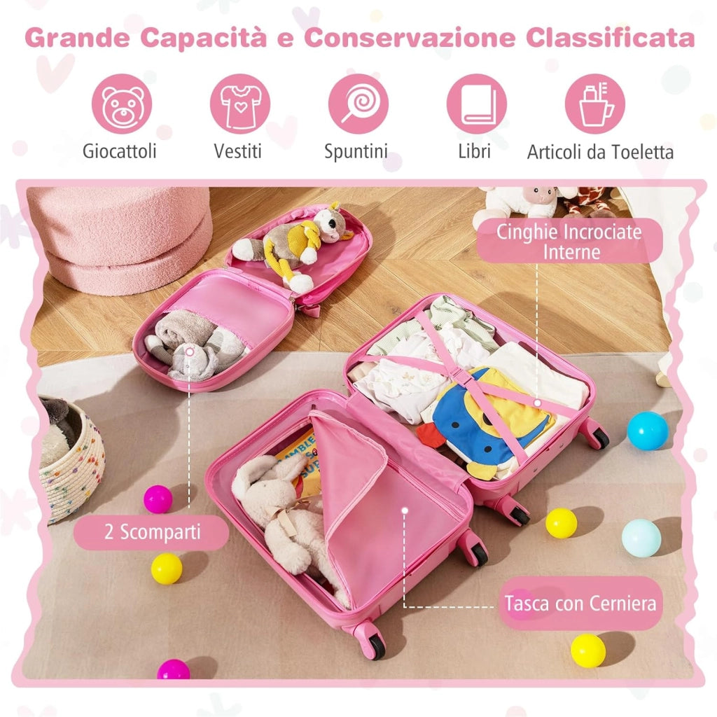 Set di 2 Valigia per Bambini, 17" Valigia+ 13" Zaino, con Ruote Girevoli a 360°, Maniglia Retrattile e Spallacci Regolabili, Ideale per Viaggiare in Modo Comodo e Divertente (Modello 3)
