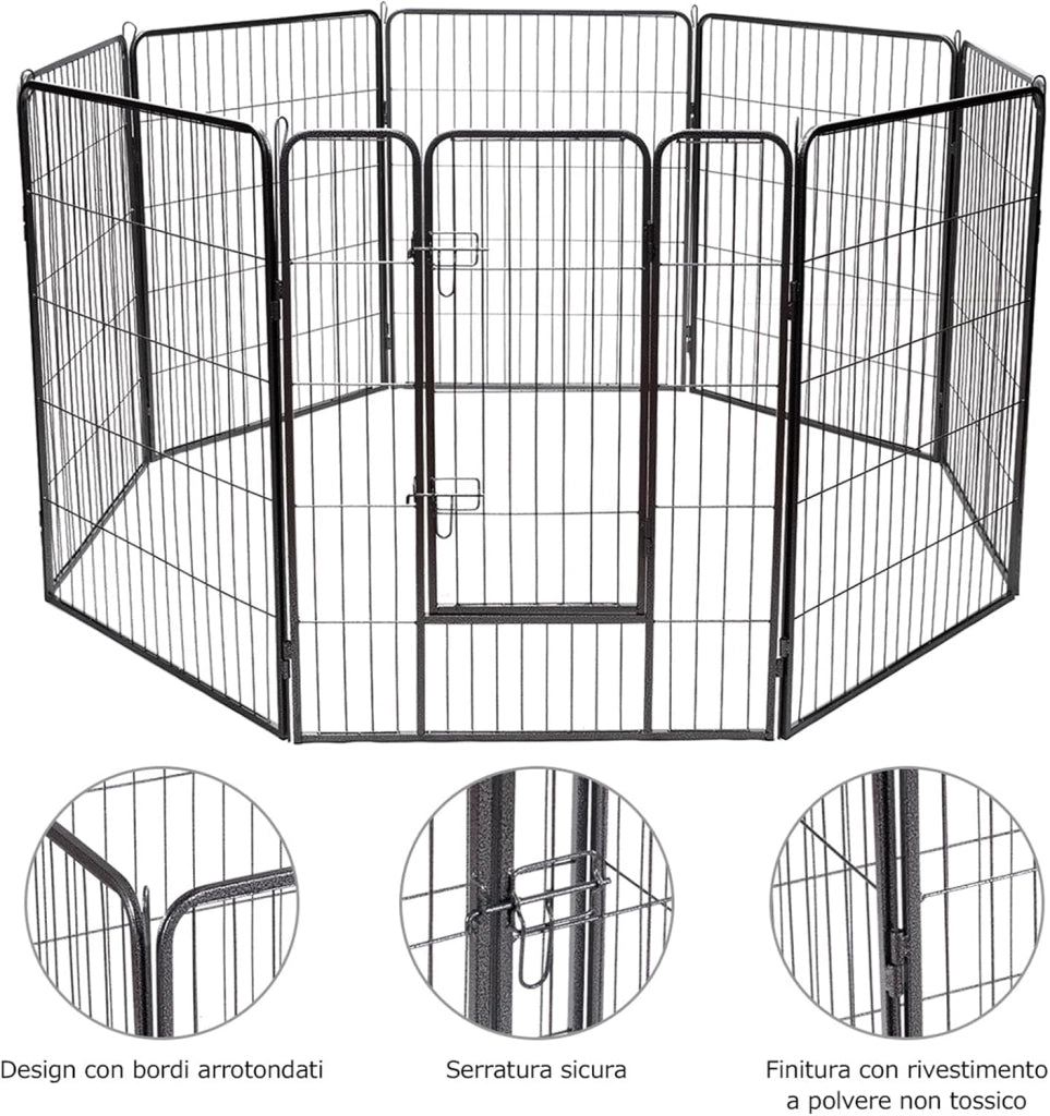 Recinto per Cani da Interno ed Esterno, Recinzione per Animali Domestici con 8 Pannelli di Metallo, Box per Cani, Gatti e Conigli (80 x 100 cm)