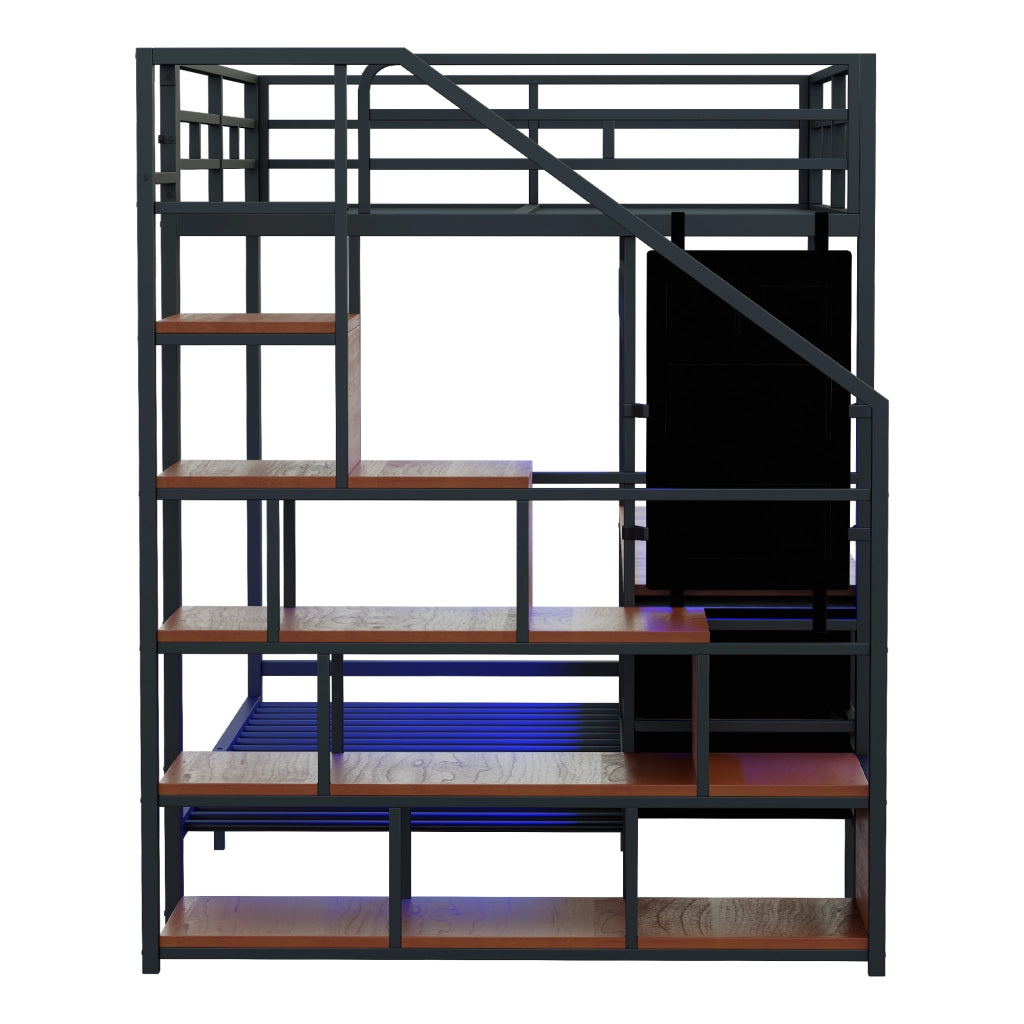 Letto a Castello 140 x 200 cm e 90 x 200 cm; 3 Posti con Scrivania; LED; Prese e Contenitori; senza Materasso
