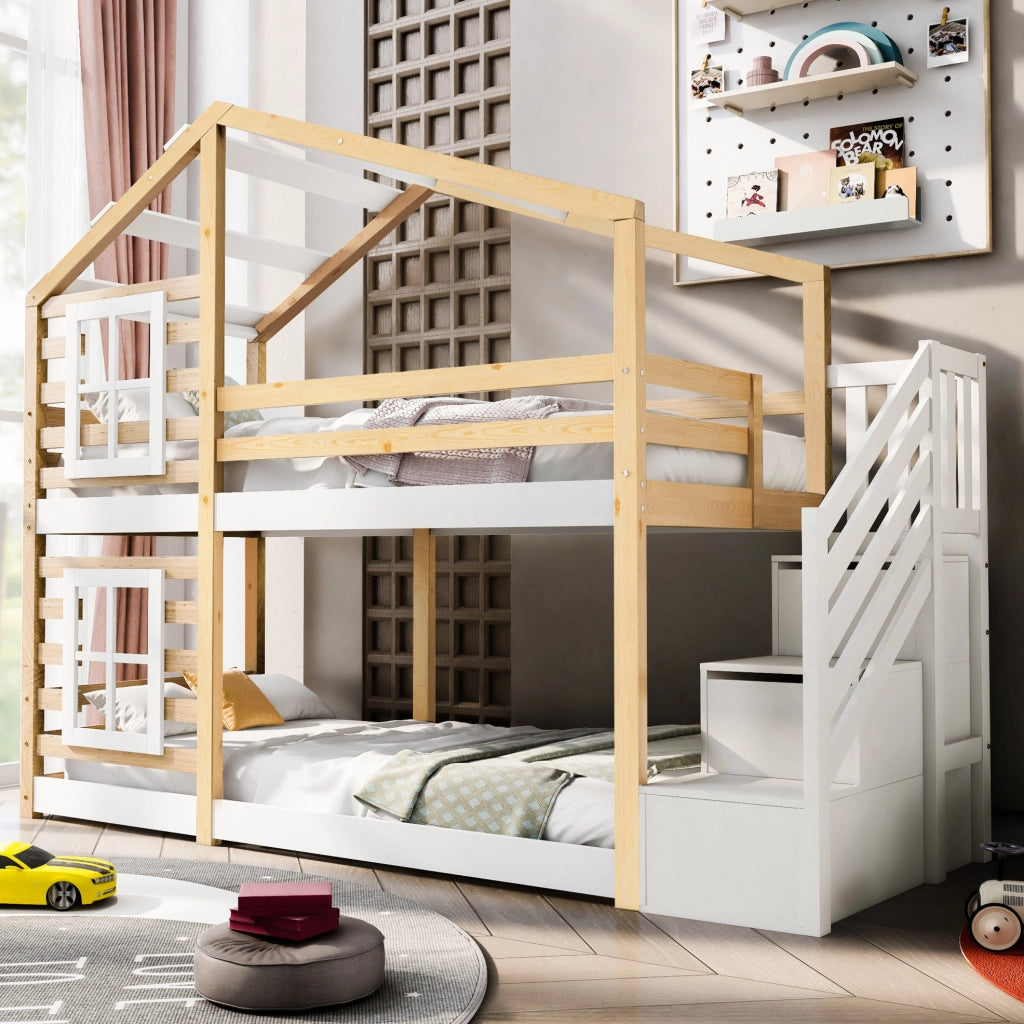 Letto a castello per bambini a tema casetta sull’albero 90x200 cm in legno massello e MDF, naturale e bianco