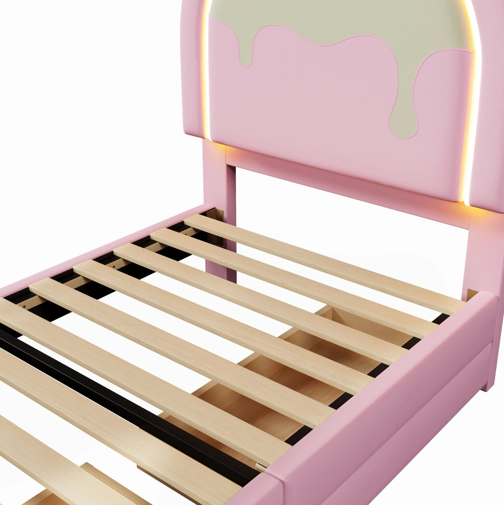 Letto imbottito 90x200 cm con barra LED; 2 cassetti; PU e MDF; rosa