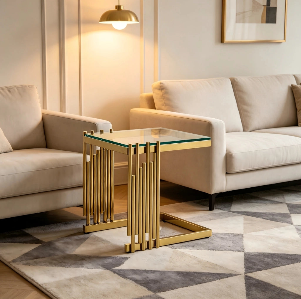 Set di 2 tavolini quadrati oro con vetro temperato trasparente