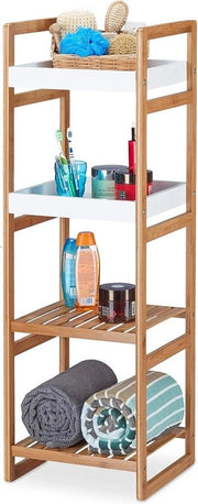 Shelf per Bagno con 4 Comparti - Bamboo - Libero Stante - Per Cucina - Sottile - H 110 x B 36 x D 33 cm - Finestra in Legno Bianco