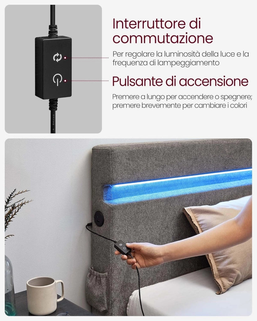VASAGLE Struttura Letto Matrimoniale in Metallo, 140 x 190 cm, Letto a Doghe con Testiera, con Luci a LED, Porta USB e TYPE-C, Base per Materasso, Moderno, Grigio Scuro RMB802G71