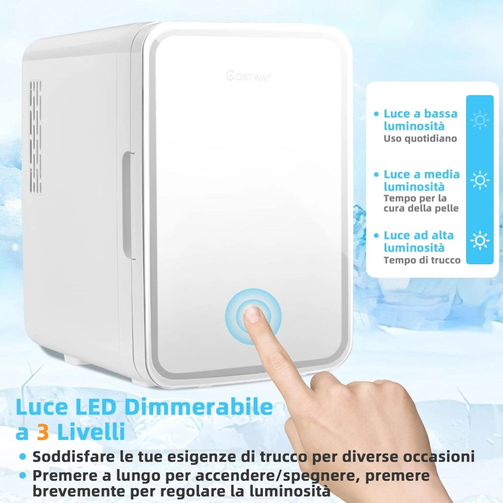 10 L Mini Frigo Portatile 220 V AC/12 V DC con Specchio LED per Prodotti di Bellezza, Bevande, Frigo Termostatico e Riscaldamento per Auto, 23 x 28 x 34 cm