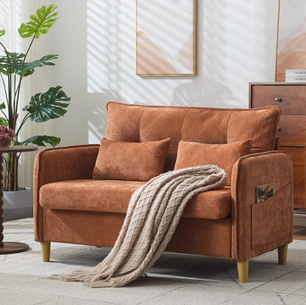 Divano 2 posti 127 cm in ciniglia marrone con tasche laterali HOMVRA