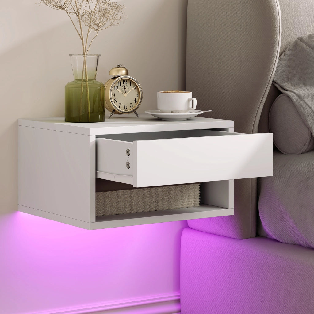 Set 2 Comodini Sospesi 37x32x21 cm con LED RGB Integrati e Regolabili con APP Cassetto e Ripiano Bianco