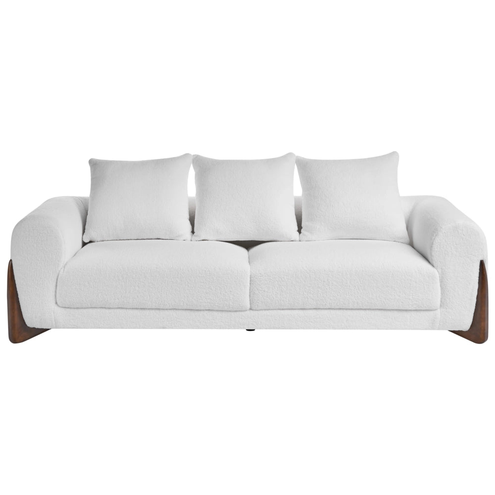 Divano a 3 posti Rivestimento in tessuto bouclè bianco Gambe in legno con braccioli Soggiorno Stile moderno