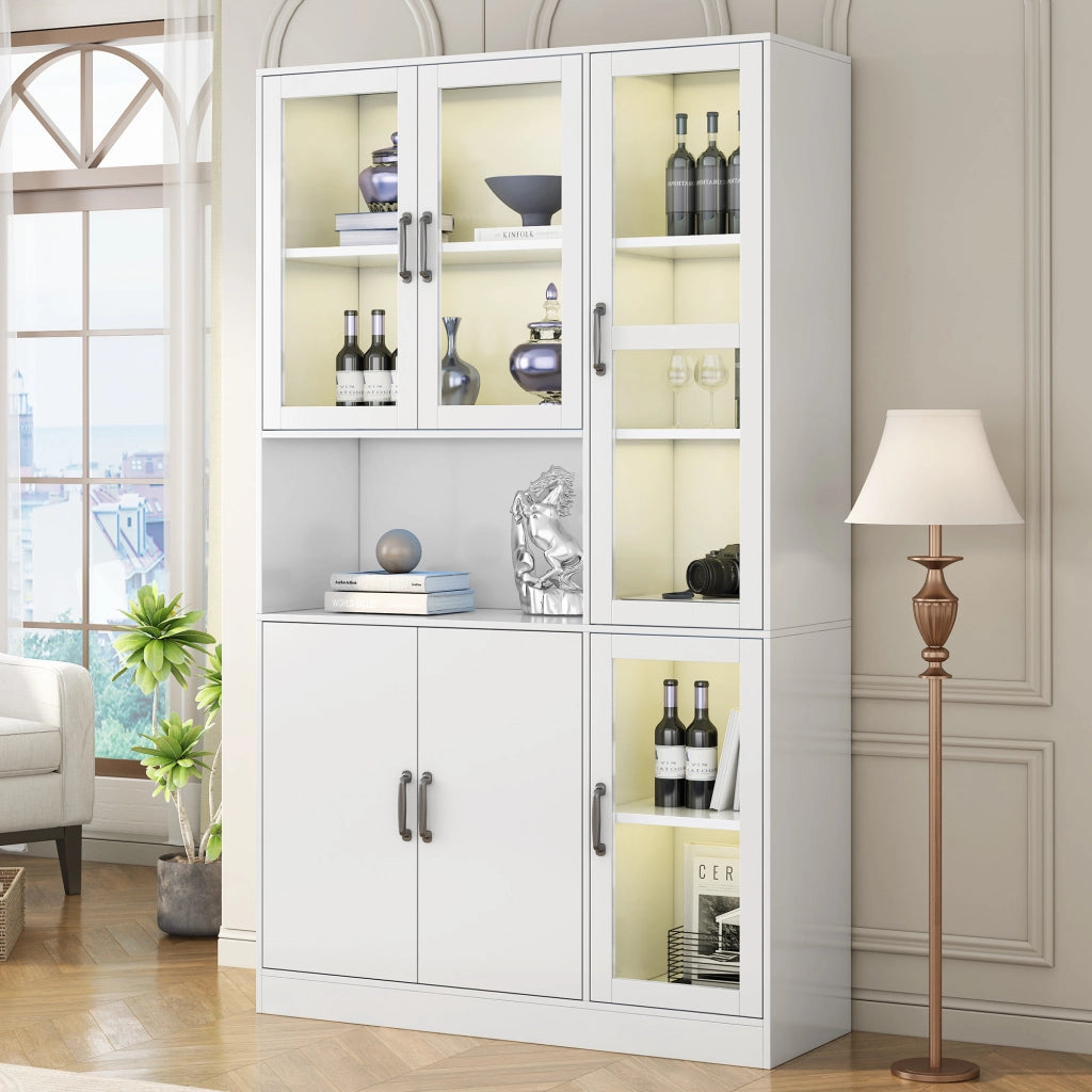 Libreria vetrina bianca con LED, ante in vetro HD, 9 vani, 120x40x200 cm, mobile contenitore multiuso