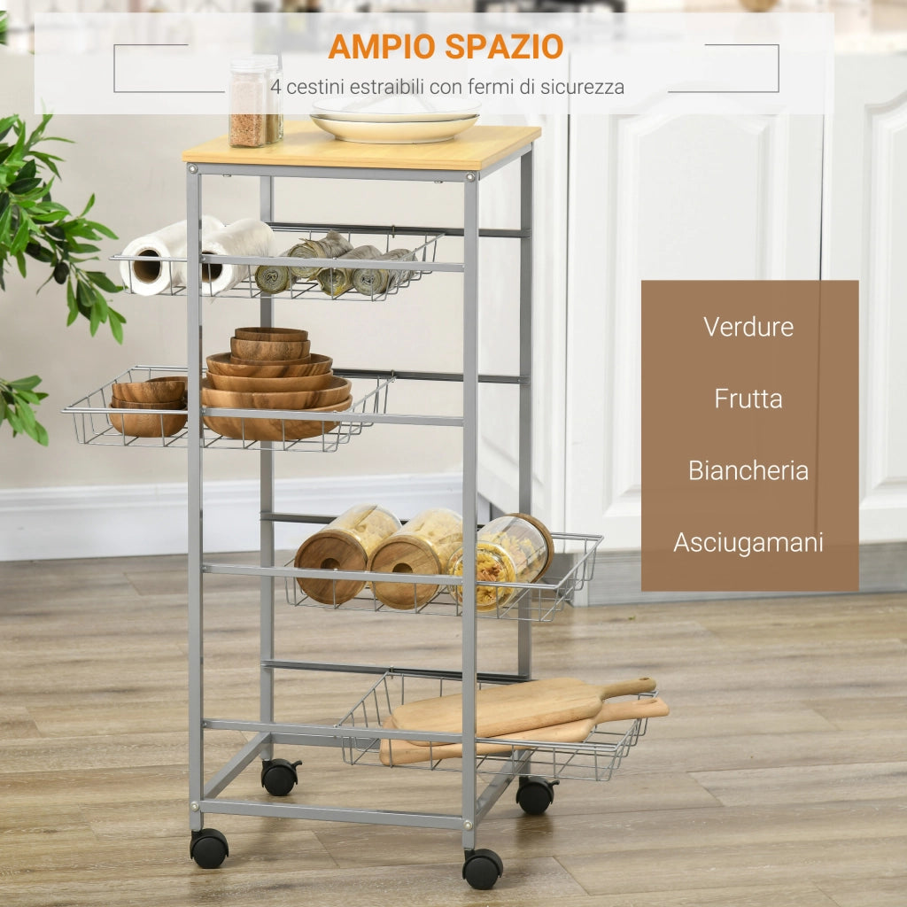 Carrello da Cucina ¨C zephmum ¨C Argento e Legno 36.5x36.5x89