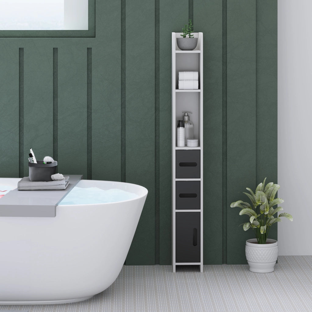 Colonna Bagno con 3 Mensole e 3 Armadietti, in Legno, 15x17x120 cm, Bianco e Nero