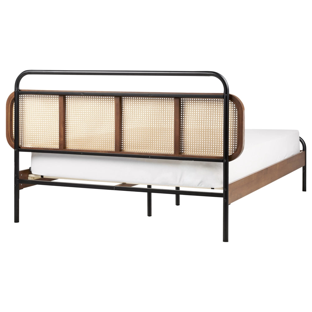 Letto matrimoniale moderno base a doghe con testata a treccia viennese in legno di gomma scuro 140 x 200 cm