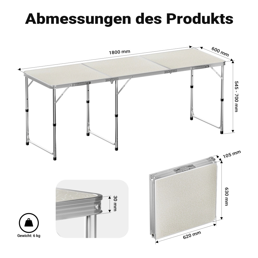 Toboli Tavolo da campeggio pieghevole 180x60x70cm altezza 55/62/70cm portatile e multiuso
