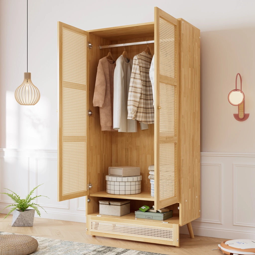 Armadio a 2 ante con barra appendiabiti e vano inferiore ribaltabile per camera da letto e soggiorno naturale 90 × 45 × 183 cm