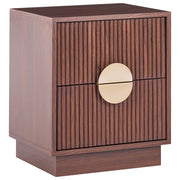 Comodino a 2 cassetti marrone scuro in MDF con maniglie in metallo, frontali scanalati e design moderno per camera da letto