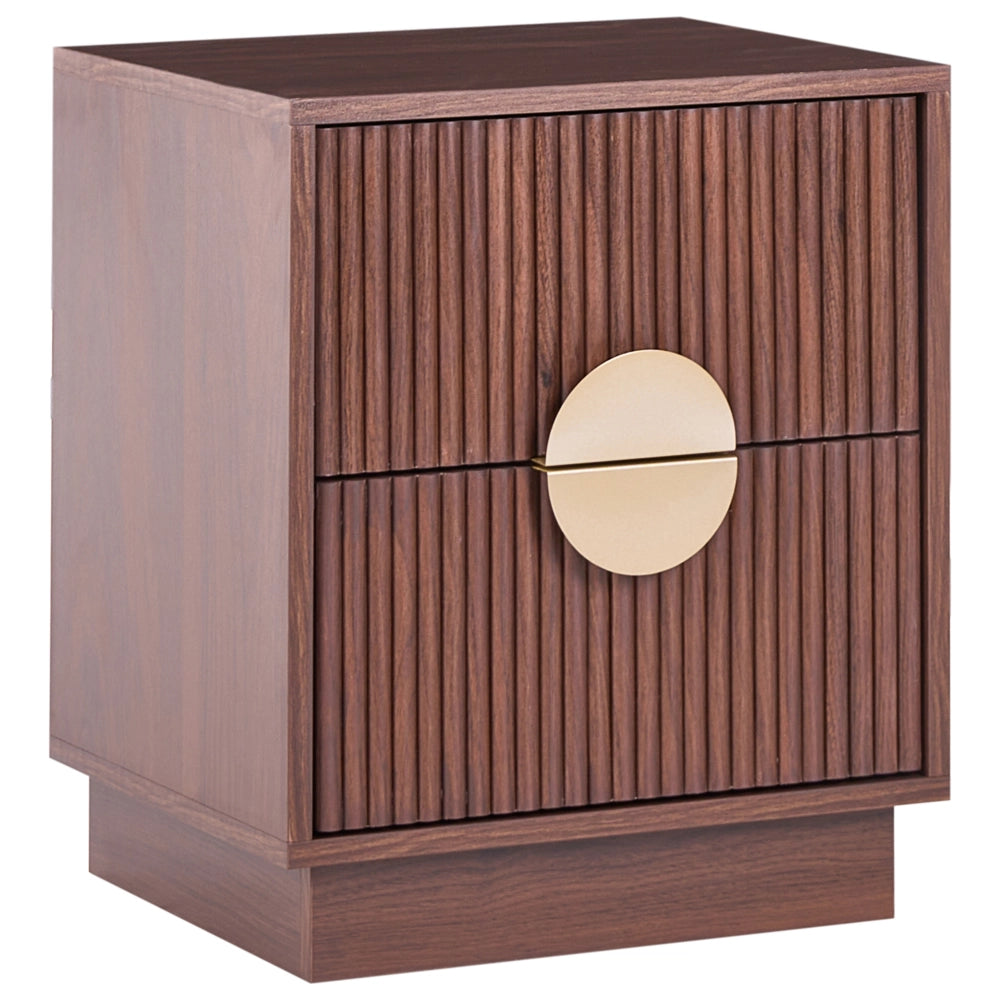 Comodino a 2 cassetti marrone scuro in MDF con maniglie in metallo, frontali scanalati e design moderno per camera da letto