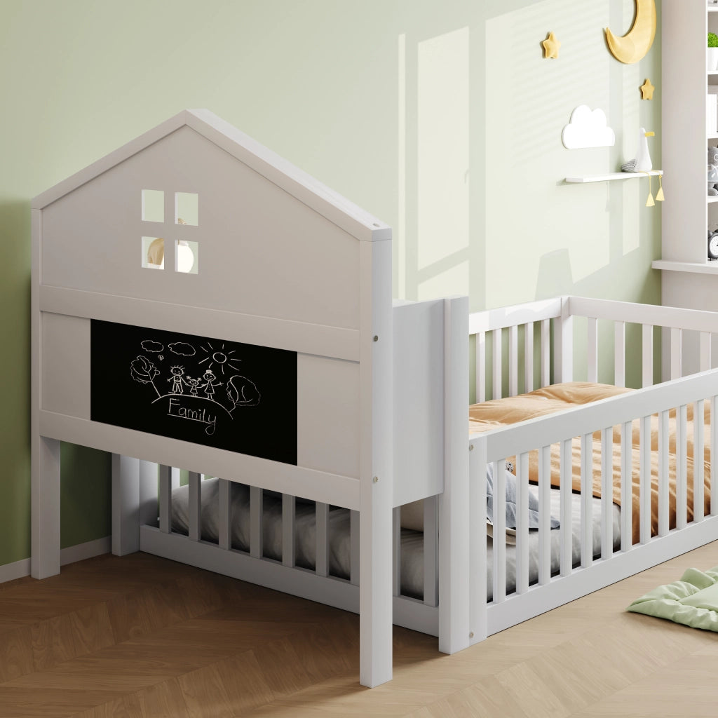 Letto a forma di casa bianco in legno massello con funzione contenitore e rete a doghe 90x200 cm