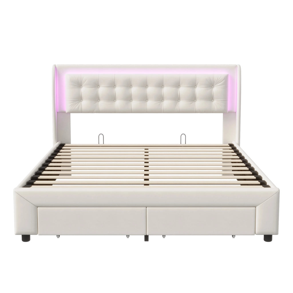 Letto imbottito beige con cassetto contenitore e luce LED; 200x140x42 cm