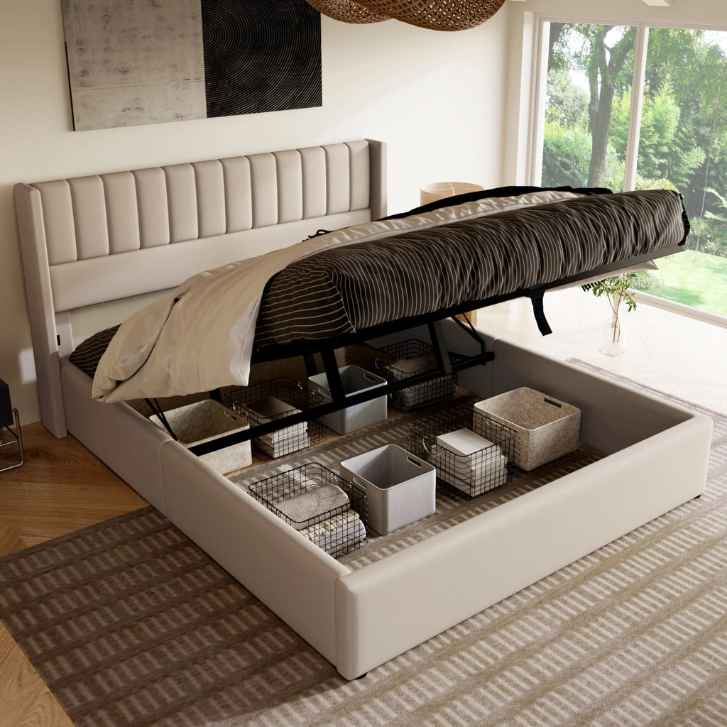 OKWISH Letto Contenitore 160×200 cm, Letto Matrimoniale con Contenitore Idraulico e Testiera Imbottita, senza Materasso, in Lino, Beige