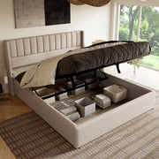 OKWISH Letto Contenitore 160×200 cm, Letto Matrimoniale con Contenitore Idraulico e Testiera Imbottita, senza Materasso, in Lino, Beige