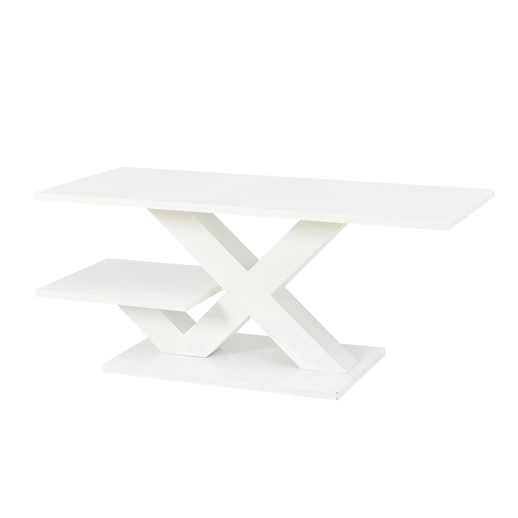 Tavolino da caffè con doppio piano e gambe geometriche - per soggiorno - 100×48×45 cm - bianco