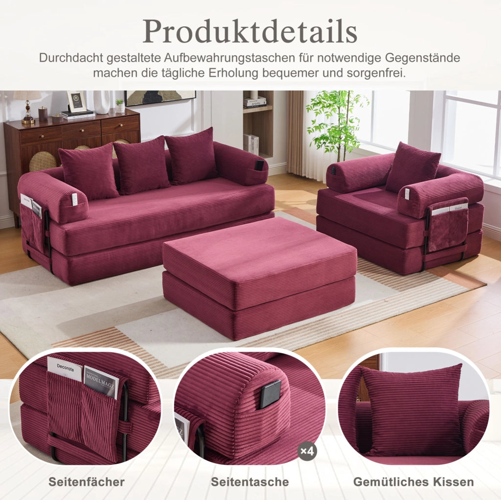 Set divano modulare in velluto a coste con pouf; rosso vino